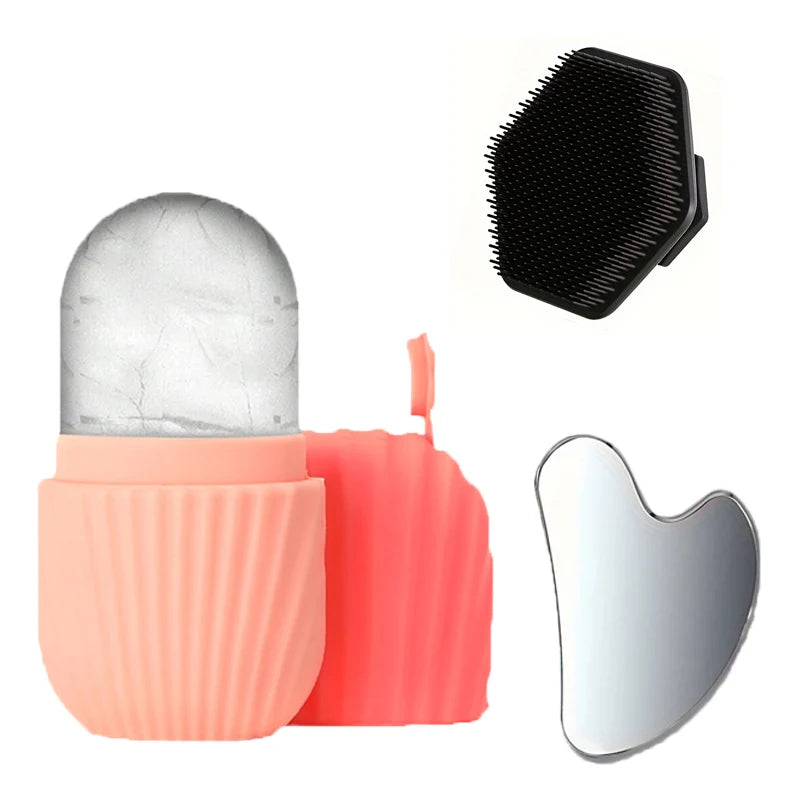 3-Piece Facial Care Set – Stainless Steel Gua Sha, Ice Roller & Silicone Brush