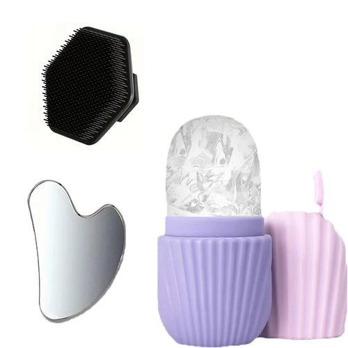 3-Piece Facial Care Set – Stainless Steel Gua Sha, Ice Roller & Silicone Brush