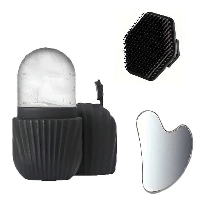 3-Piece Facial Care Set – Stainless Steel Gua Sha, Ice Roller & Silicone Brush